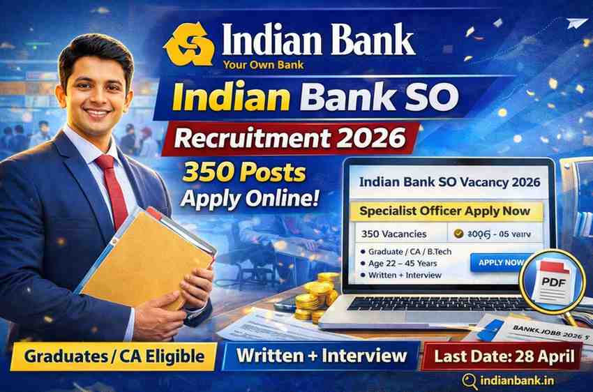 Indian Bank SO Recruitment 2026: 350 Posts Apply Online | Specialist Officer Vacancy 2026